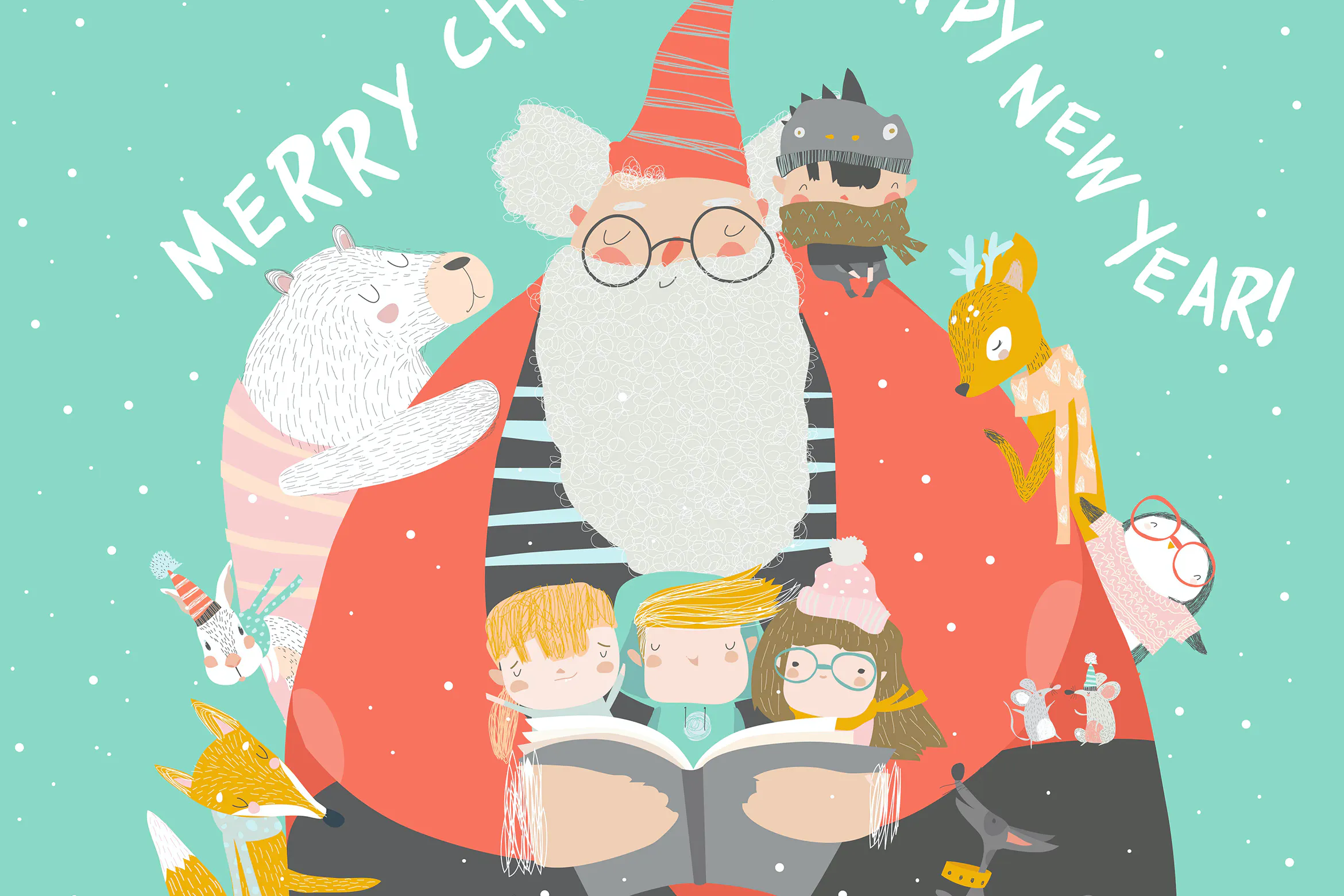 Santa Claus reading books with happy kids and anim