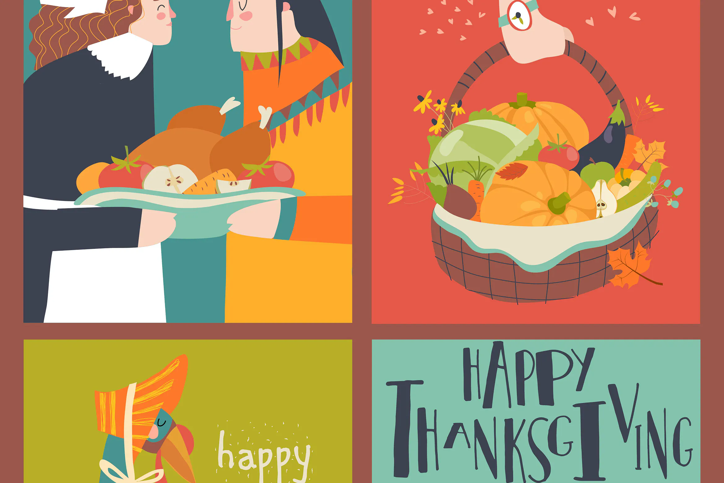 Vector set of Thanksgiving card with turkey and ha