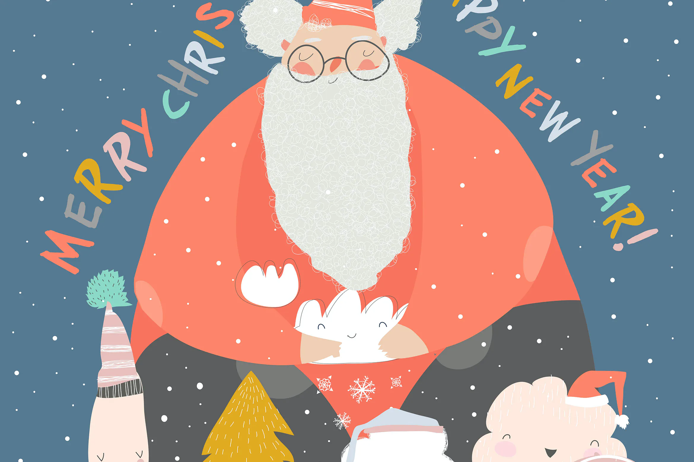 Funny Santa Claus with winter trees. Vector illust