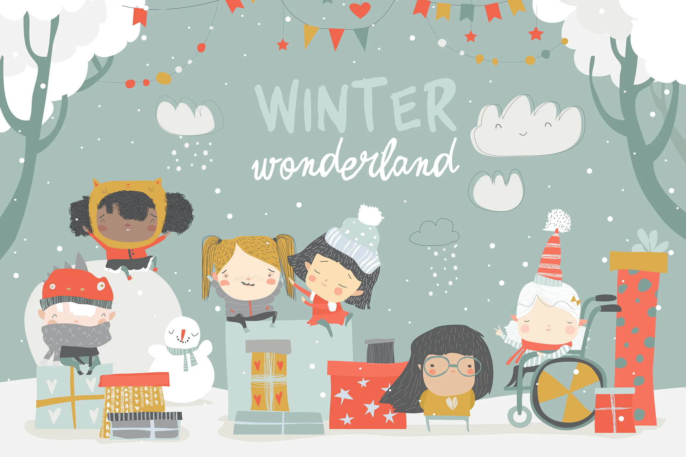 Cartoon different children enjoying winter. Hello