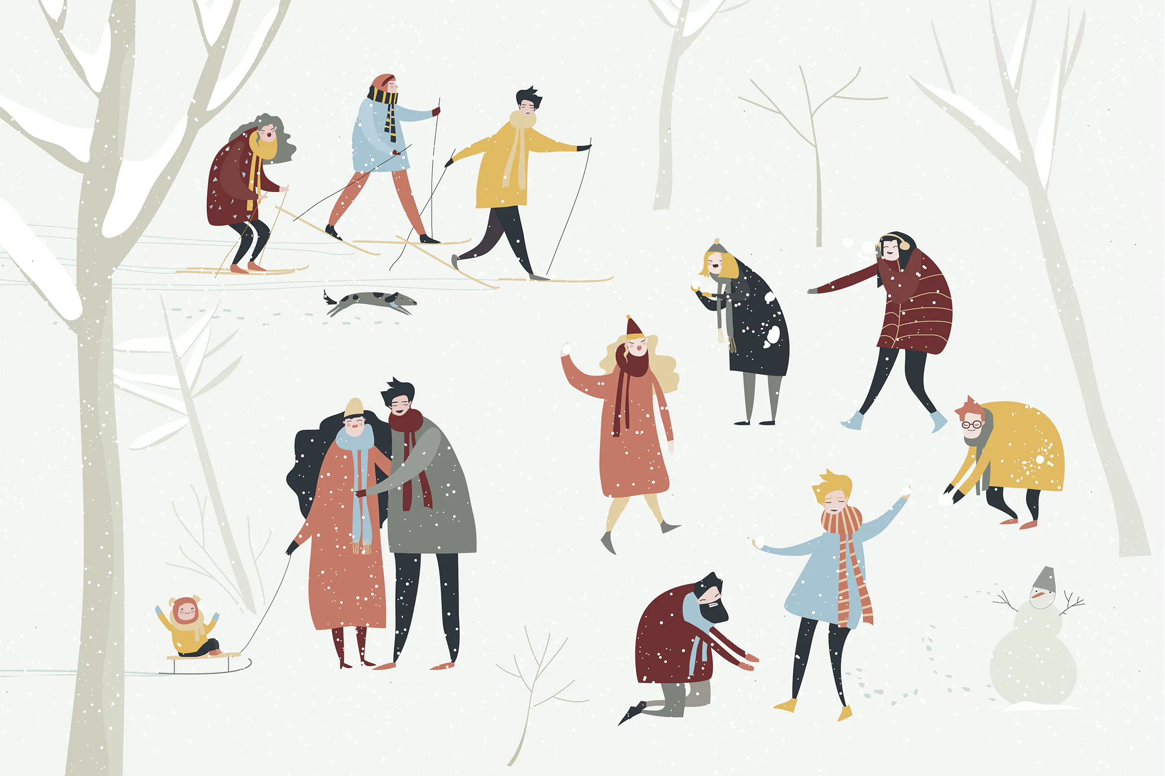 Cartoon happy people enjoying in the winter snowin
