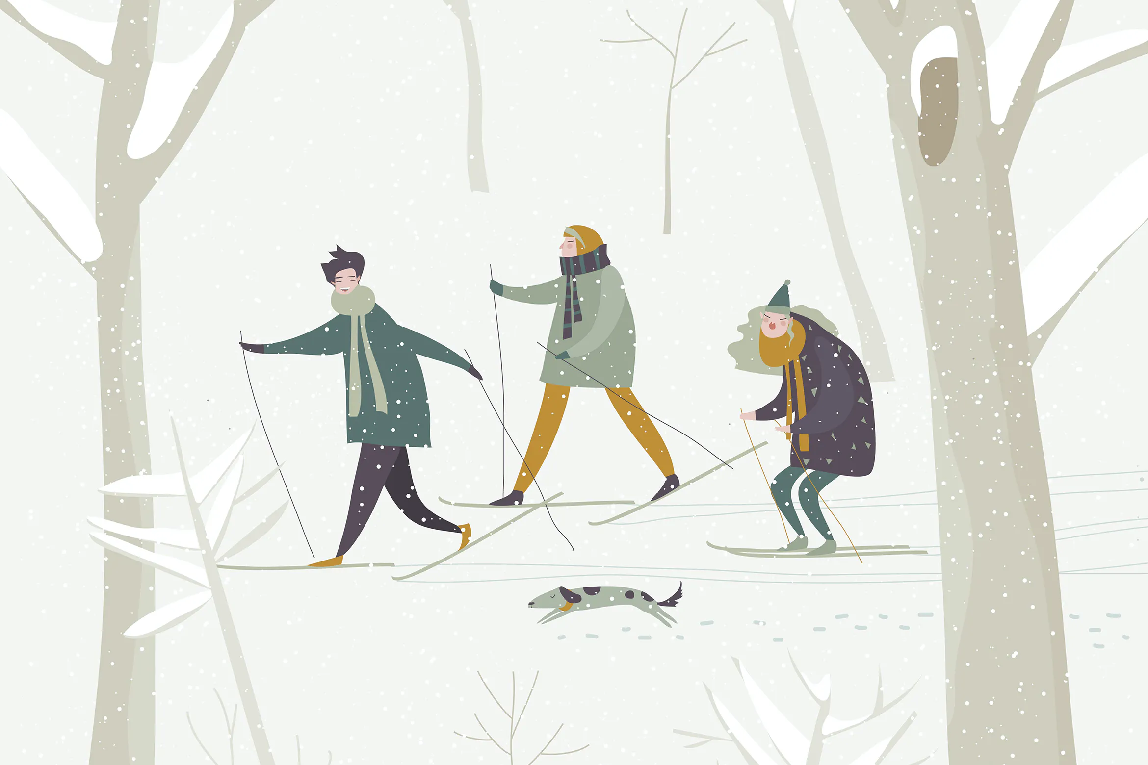 People skiing in the winter snowing forest. Vector