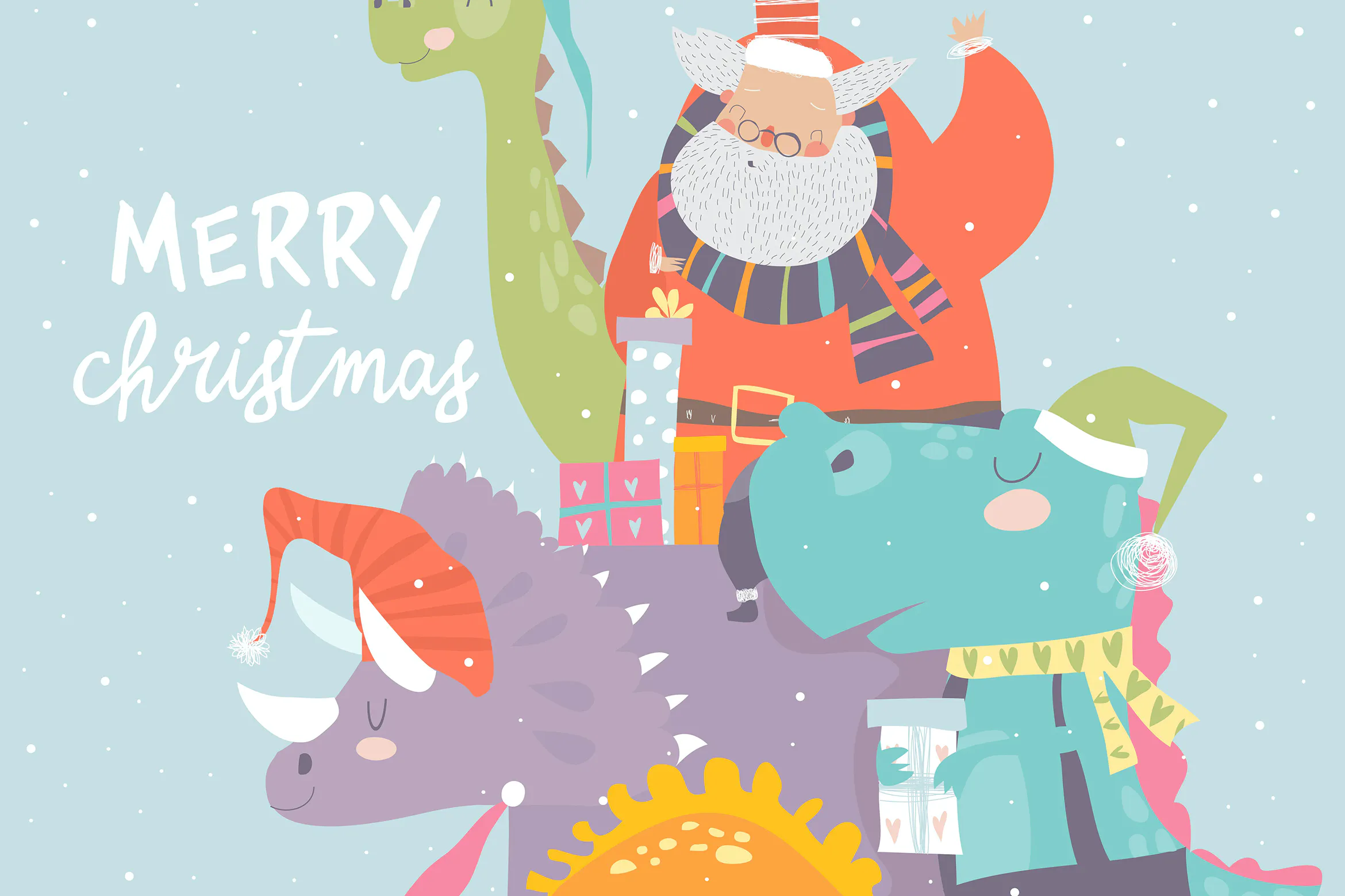 Cartoon Santa Claus with gifts sitting on dinosaur