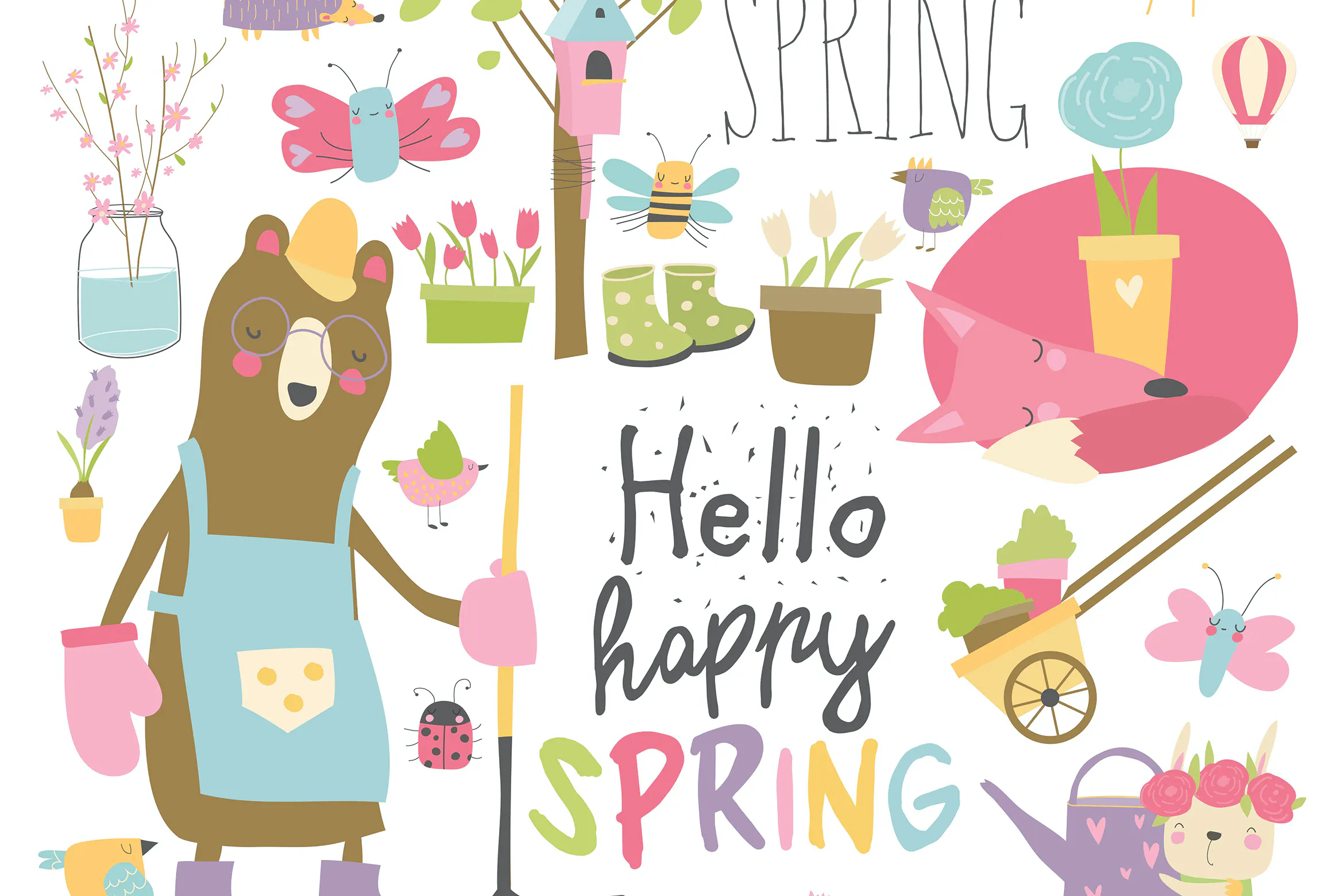 Cartoon characters and spring elements. Vector