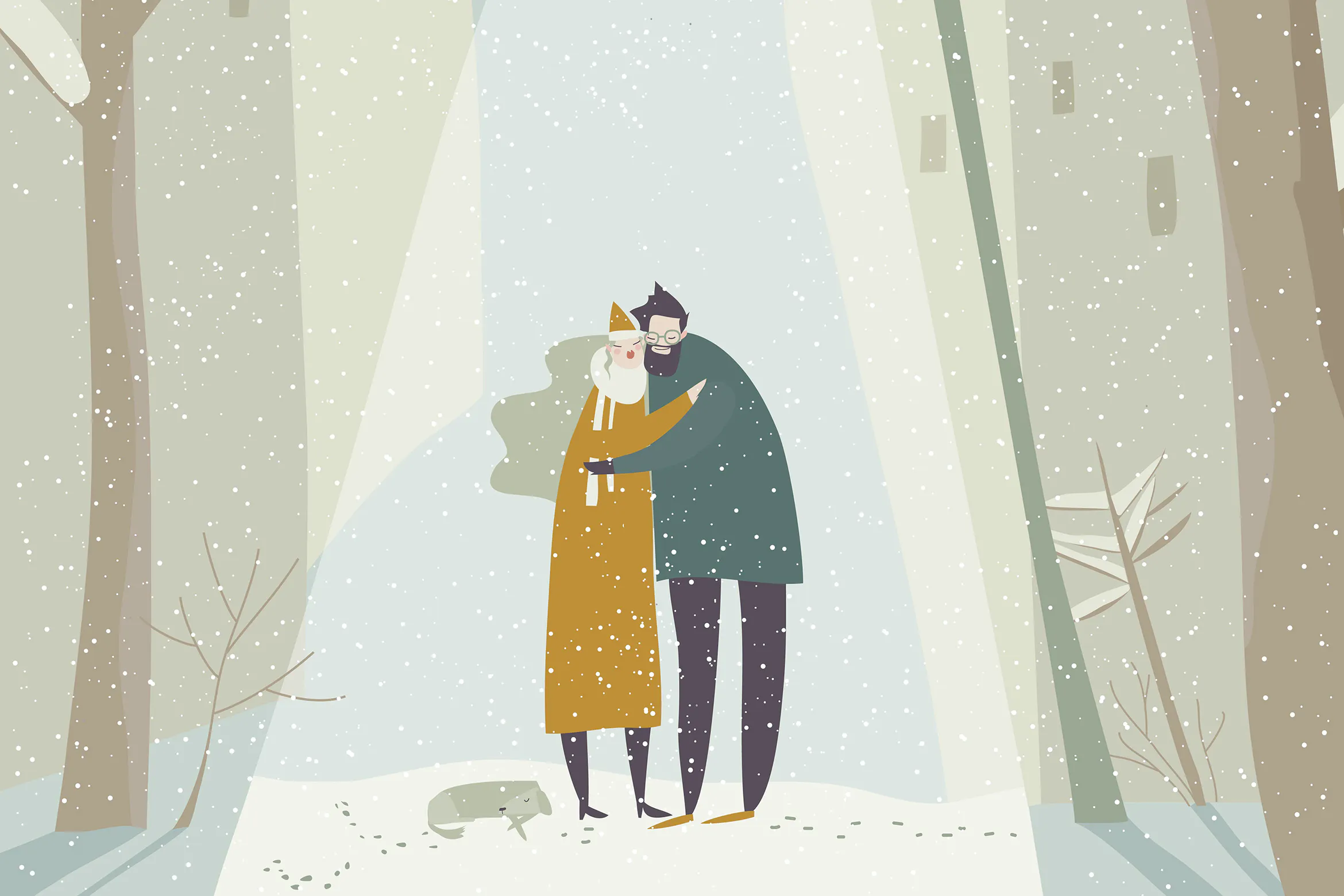 Cartoon couple in love hugging on snowing street.