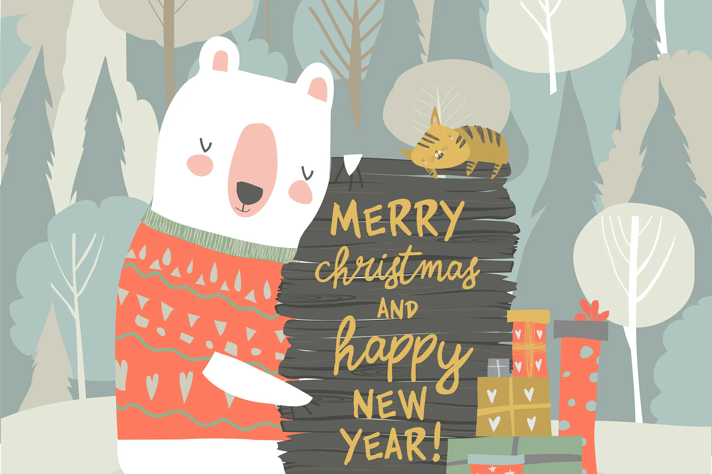 Cute cartoon bear celebrating Christmas. Vector