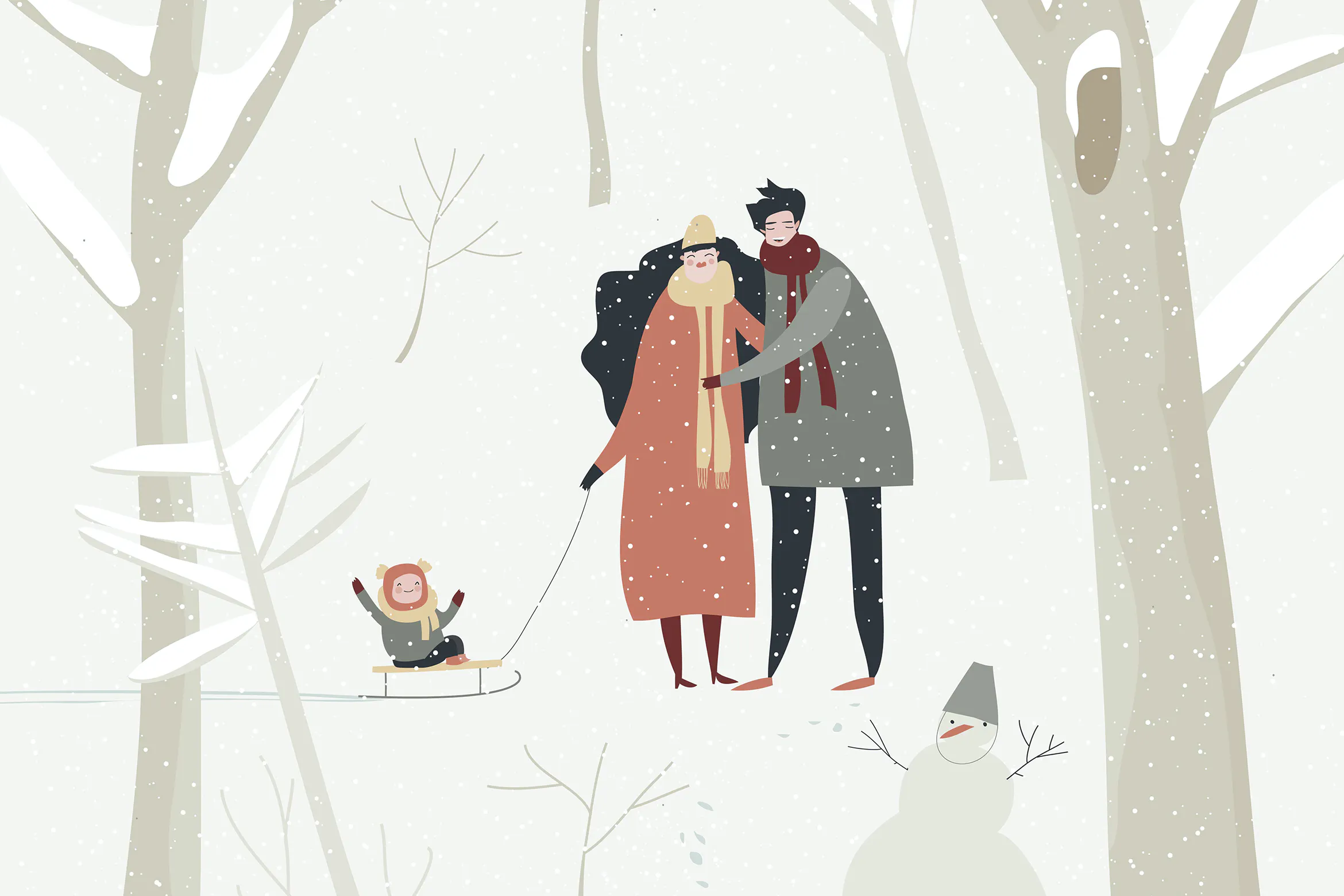 Cartoon happy family walking in winter forest. Vec