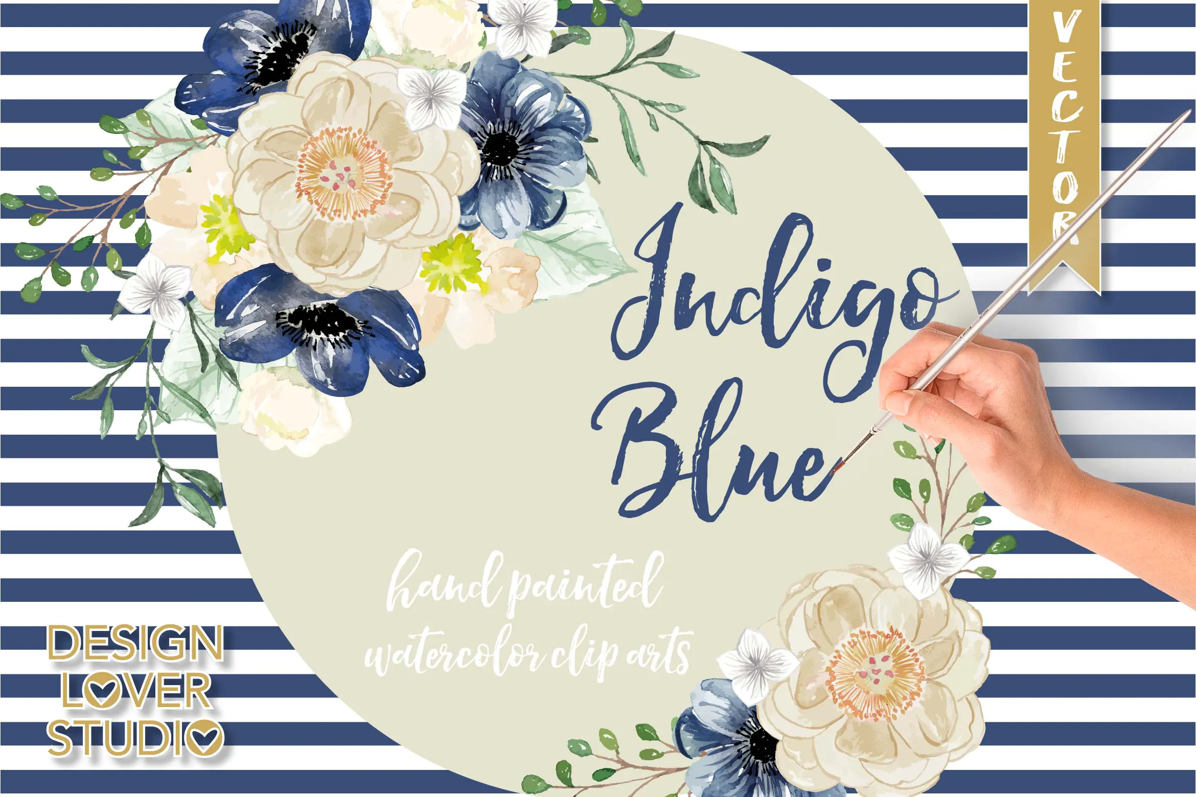 Watercolor Indigo Blue floral clip arts